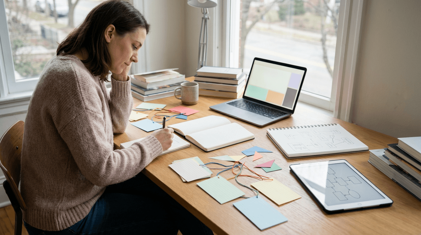 記事制作フローの全体像を表現した編集デスクのビジュアル