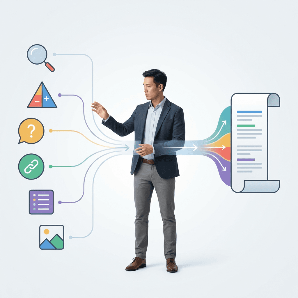 検索意図やFAQ、内部リンク候補などの要素が一本の記事へ統合される図解