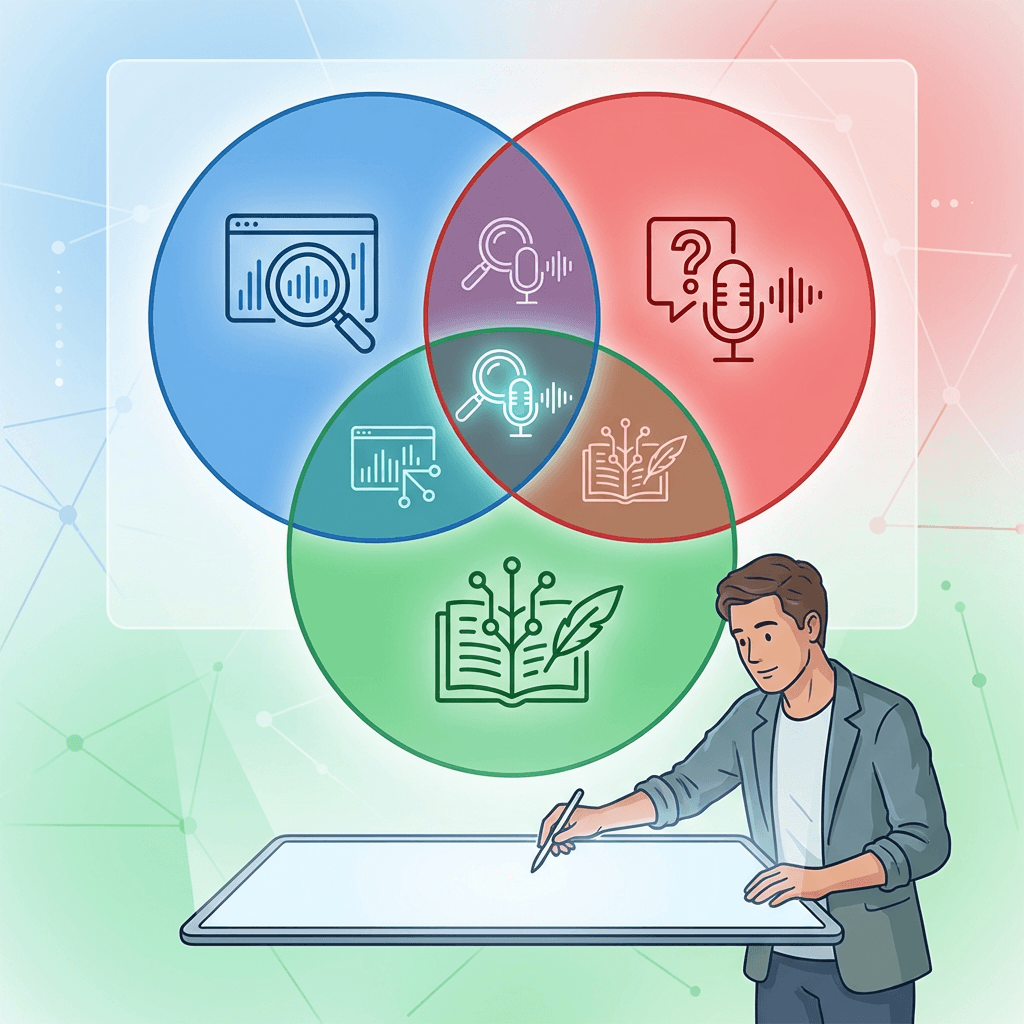 SEO、AEO、LLMO の役割の違いを示す図解